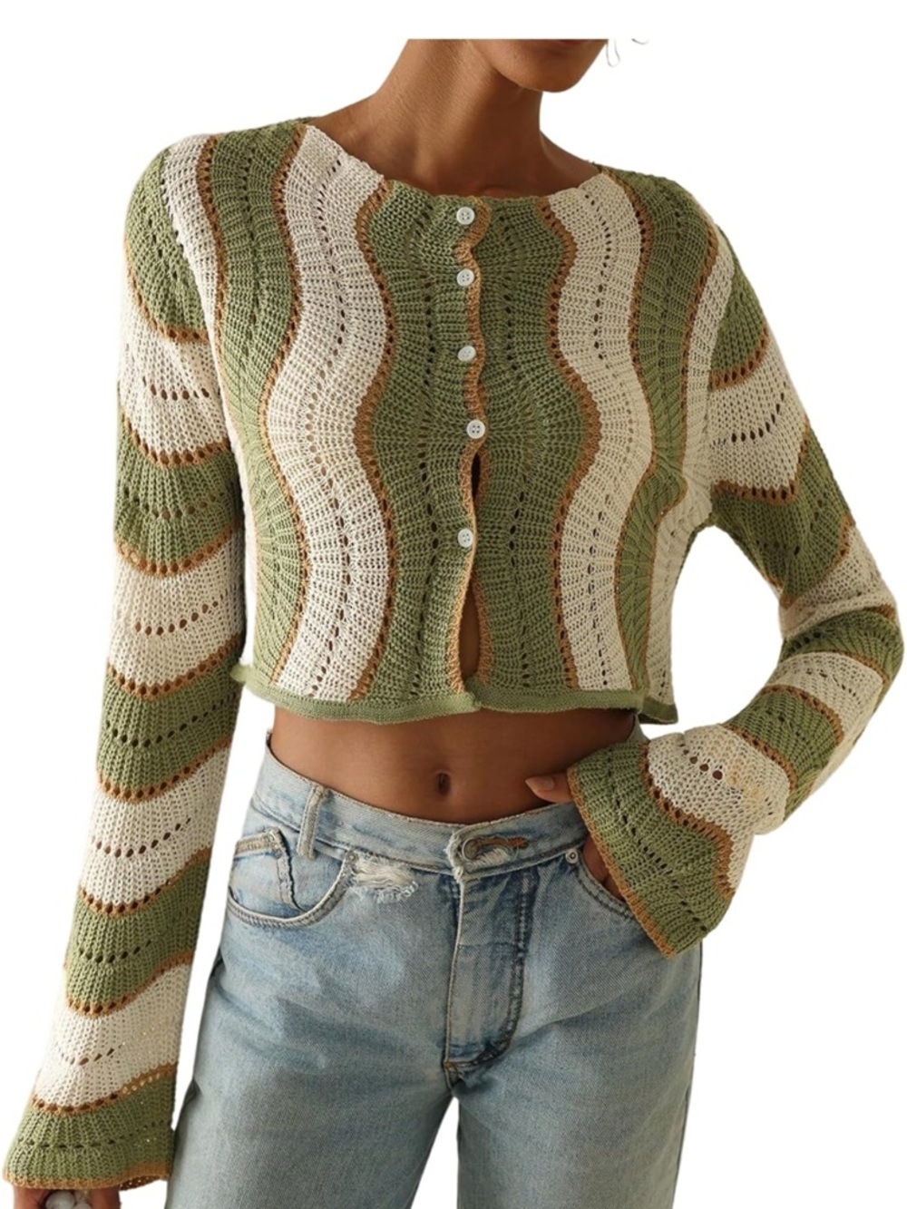 OYOANGLE Women's Color Block Striped Crochet Cardigan Sweater Button Up